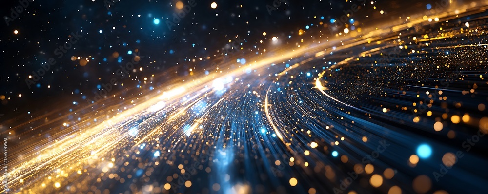 Obraz premium Abstract digital background with luminous gold and blue light particles. Modern data flow stream visualization. Big data and technology concept