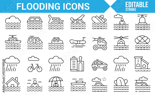 Editable vector icons for emergency flood response, rescue operations, and disaster recovery.