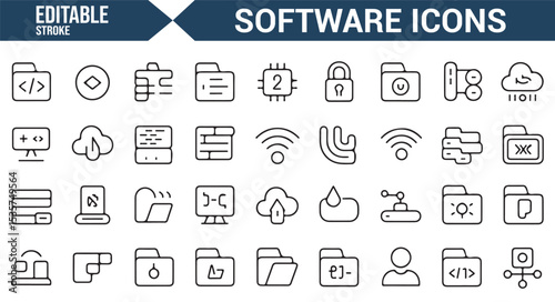 Editable vector software icons for cloud, coding, file, and internet security.