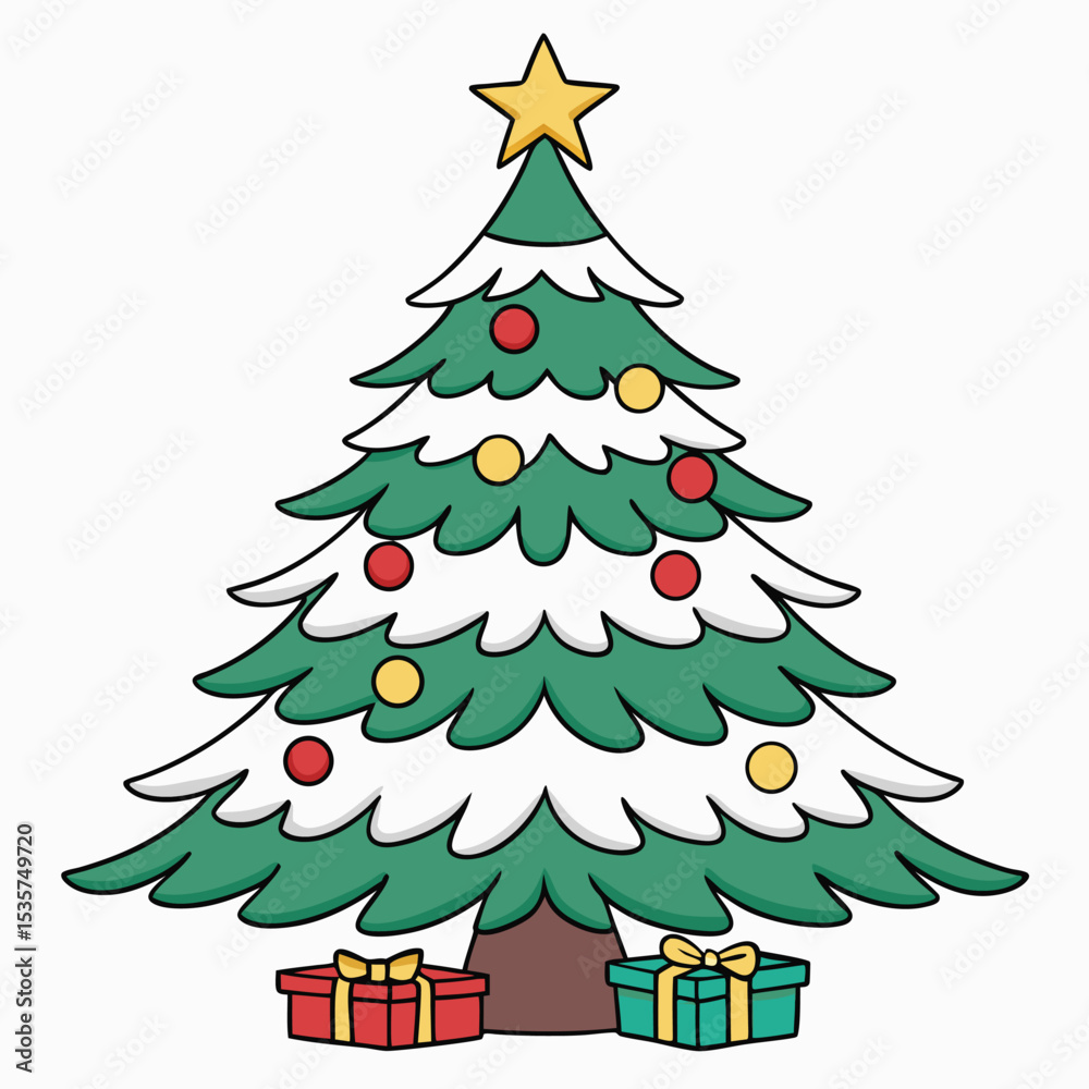 Fototapeta premium Festive christmas tree illustration with ornaments and gift boxes on a white background
