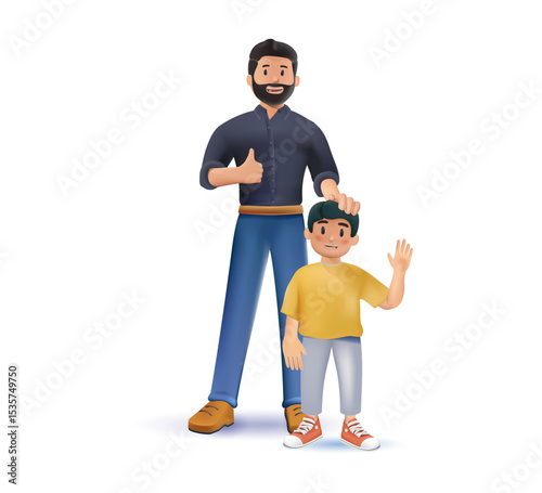 Happy dad and son smiling standing together, 3D render vector illustration. Father hold and hug son, have fun parenting