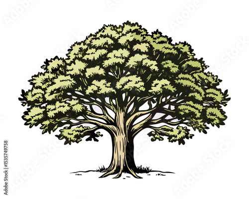 Large Oak Tree Illustration, Hand-Drawn Nature Image