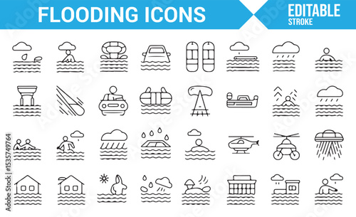 Set of flooding icons, including water damage, rescue vehicles, and shelter icons.