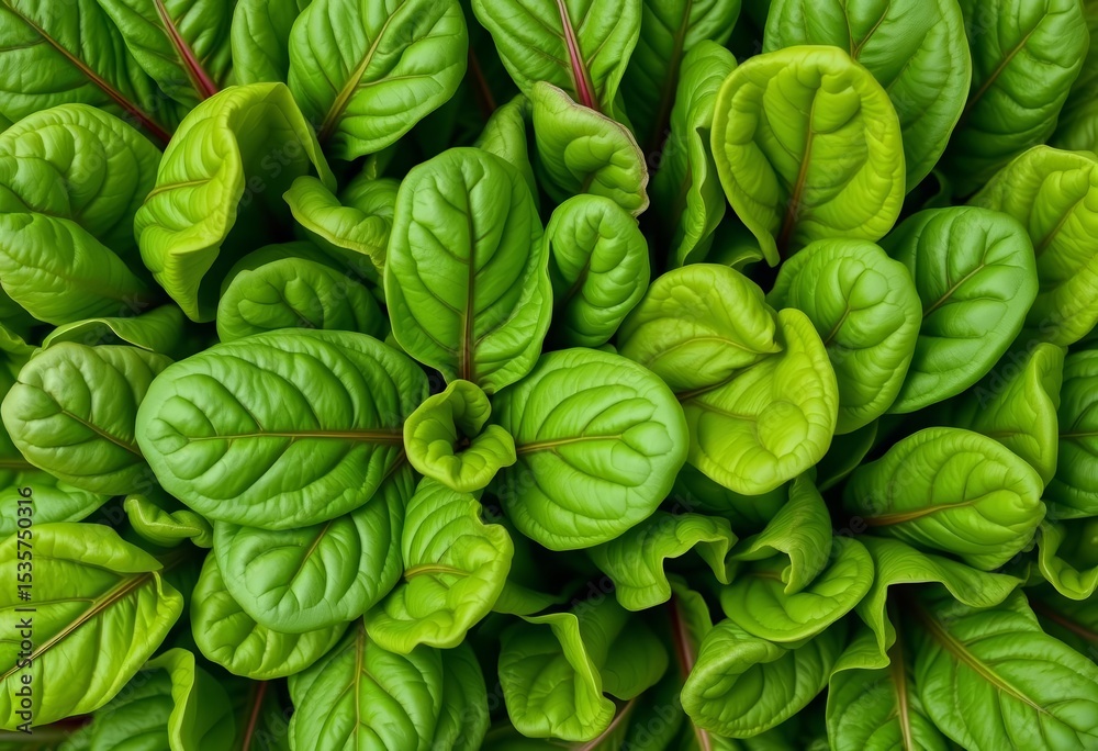 Fototapeta premium Overhead shot of vibrant green organic spinach leaves, agriculture, vibrant