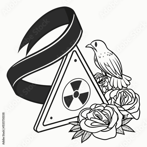 Radiation warning symbol with roses and bird in black and white design
