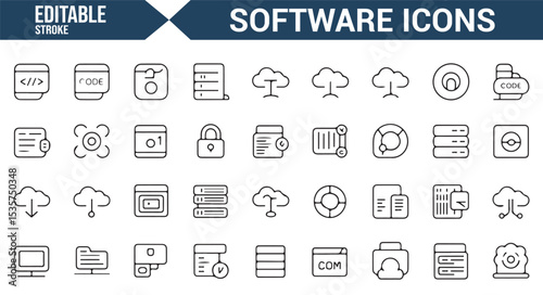 Editable line icons for file management, software development, and cloud security.