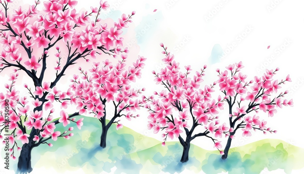 Fototapeta premium Overhead watercolor painting of blossoming sakura trees, arranged in a landscape design schematic , elegant, Japanese