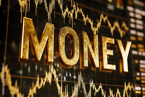 Golden money text with financial graph. Gold currency letters on stock market chart. Investment income and banking concept