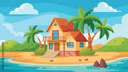 Cartoon Tropical Beach House Illustration with Palm Trees, Ocean View, and Blue Sky