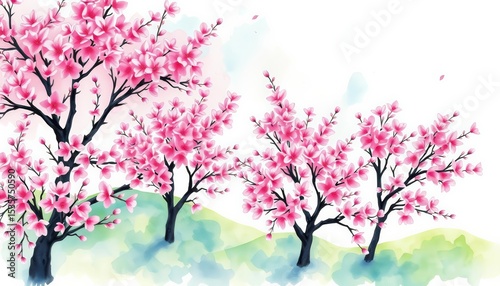 Overhead watercolor painting of blossoming sakura trees, arranged in a landscape design schematic ,  elegant,  Japanese