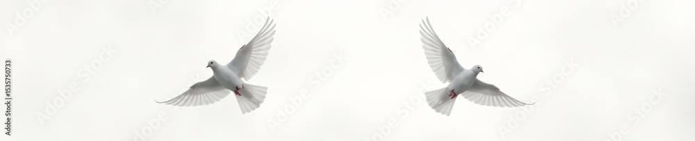 Fototapeta premium Pair of graceful flying doves with outstretched wings on white, graceful, peace symbol, purity