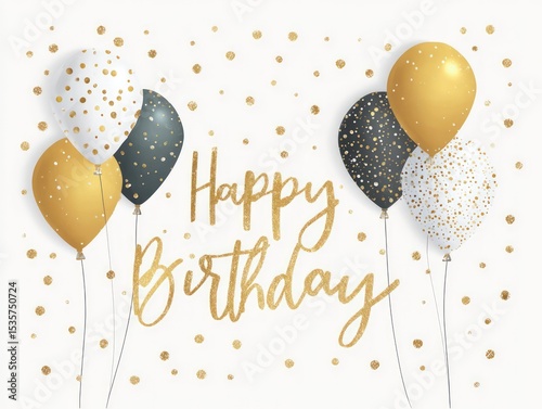 Gold, black, and white balloons with confetti and the words happy birthday.