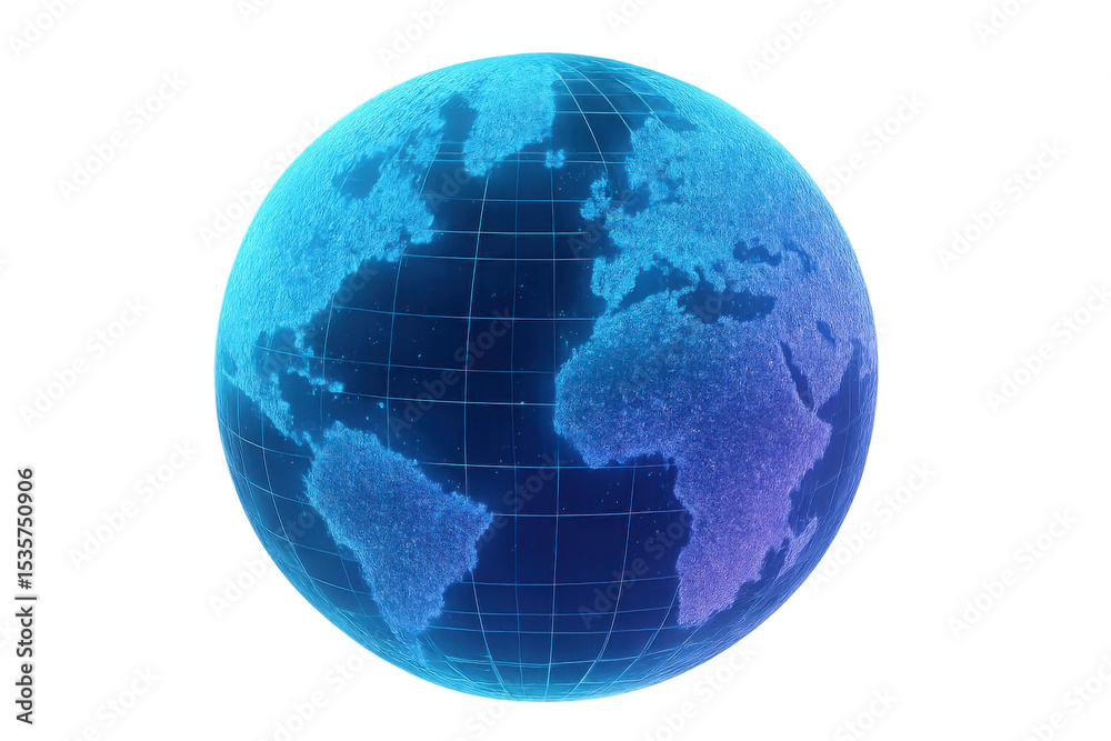 Fototapeta premium Blue planet earth rotating, showing data exchange and connections with a grid, on transparent background