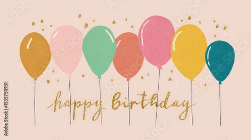 Colorful balloons and the words happy birthday on a light pink background.