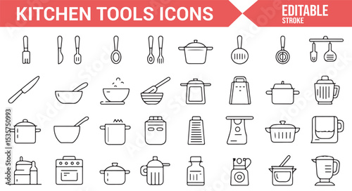 Editable icons for cooking, baking, and kitchenware tools including bowls and utensils.