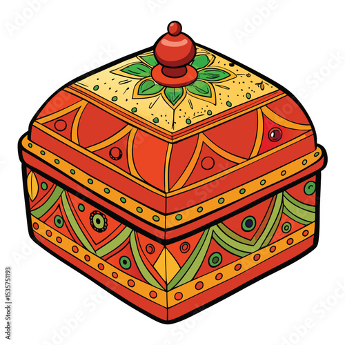 A small, polished lacquerware box, intricately decorated with traditional motifs, a charming piece of artisanal heritage and decor.