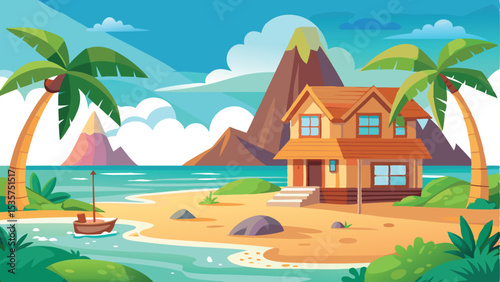 Cartoon Beach House Scene Palm Trees, Tropical Island Vacation Getaway Illustration