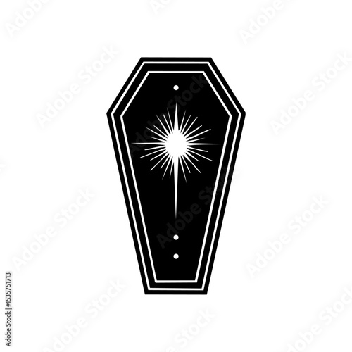 Vector logo of a coffin with radiant light burst, symbolizing afterlife, transition, or rebirth.

