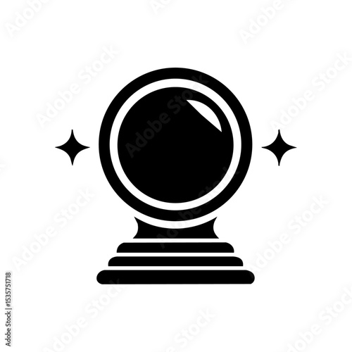 Glossy black vector icon of a crystal ball on pedestal with sparkles, ideal for mysticism and divination.

