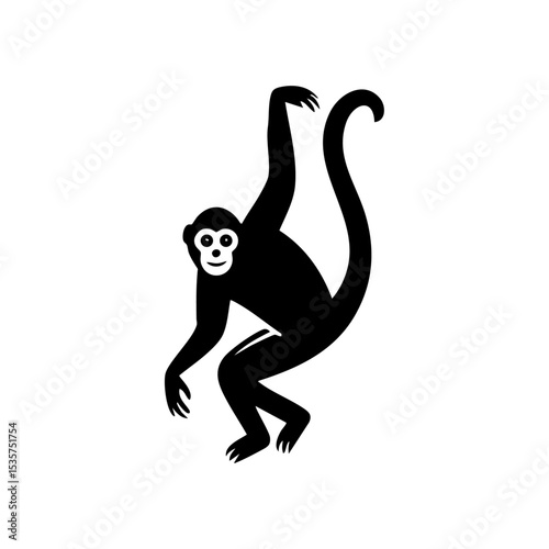 Silhouette of a monkey hanging with curved tail, ideal for wildlife, zoo, or jungle themes.

