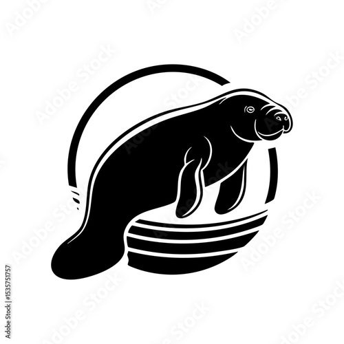 Vector logo of a manatee gracefully swimming in water within a circular frame.

