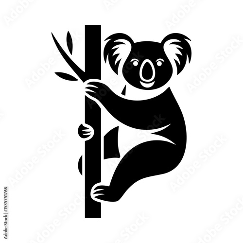 Minimalist vector of a koala climbing a tree with leaves, representing wildlife and nature.

