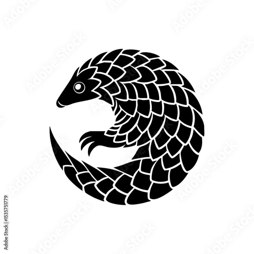 Unique vector logo of a curled pangolin with detailed overlapping scale pattern.

