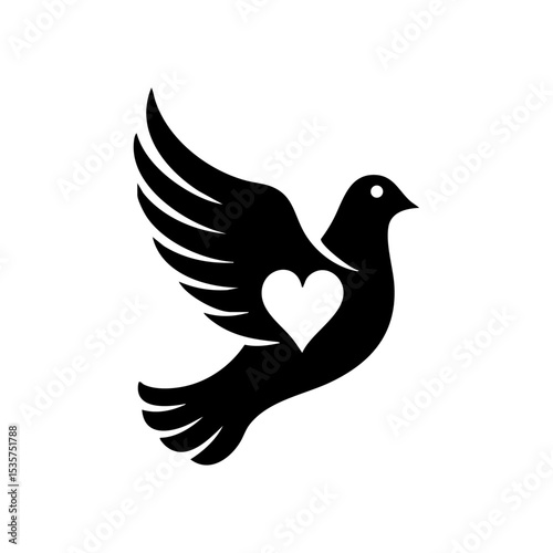 Peace dove icon in flight with a heart shape embedded in its chest. Perfect for charity, spirituality, or emotional healing themes.



