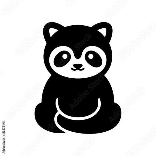 Cute black vector illustration of a tanuki with a rounded form. Japanese folklore-inspired animal logo featuring a chubby tanuki.



