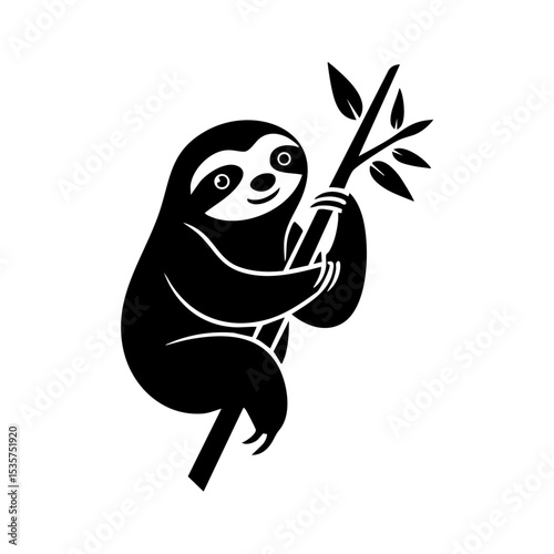 Cute black silhouette of a tree sloth with peaceful expression.

