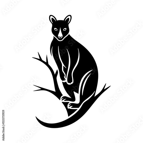 Vector logo of a tree kangaroo perched on a branch in minimalist black silhouette.

