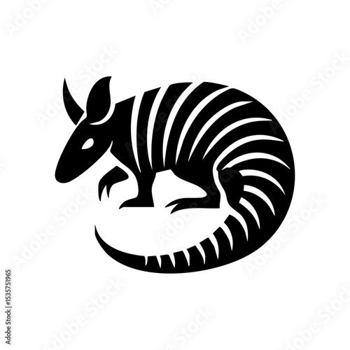 Vector icon of an armadillo in defensive roll, rendered in bold black minimalist style with curved shell pattern.

