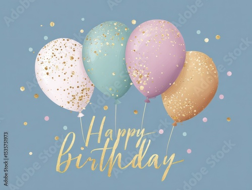 Festive birthday balloons in pastel colors with golden confetti.