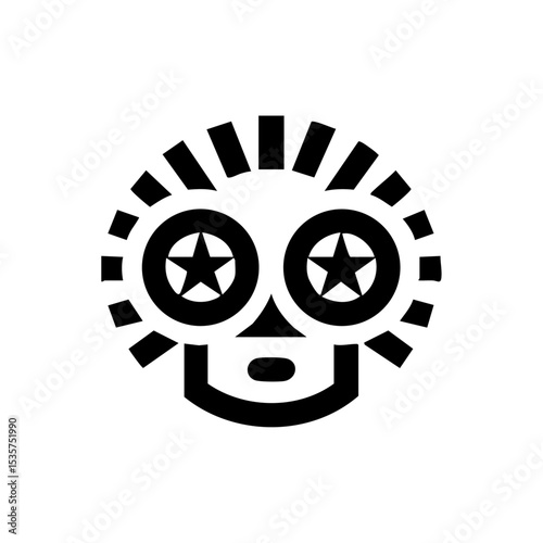 Abstract tribal mask face icon with starry eyes and circular patterns.


