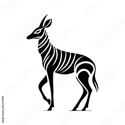 Vector logo of an okapi standing in side profile with zebra-like stripes.

