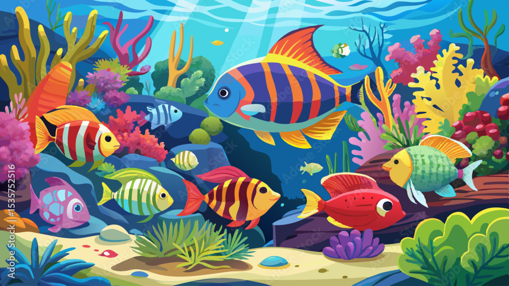 Fototapeta premium Tropical sea underwater fishes on coral reef. Aquarium oceanarium wildlife colorful marine panorama landscape nature snorkel diving