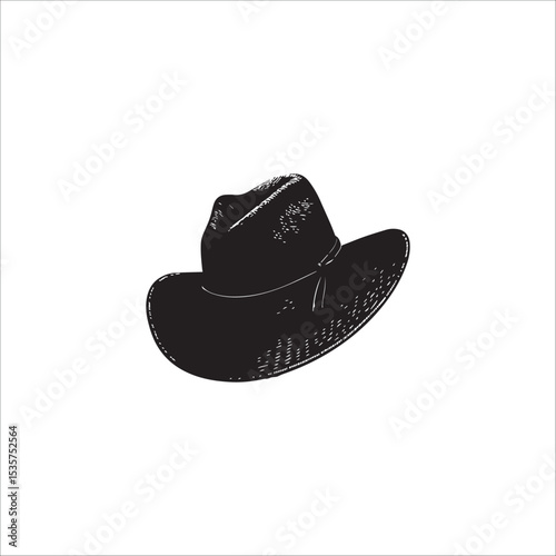 a cowboy hat rounded at the top with one indentation in the center, with a ribbon