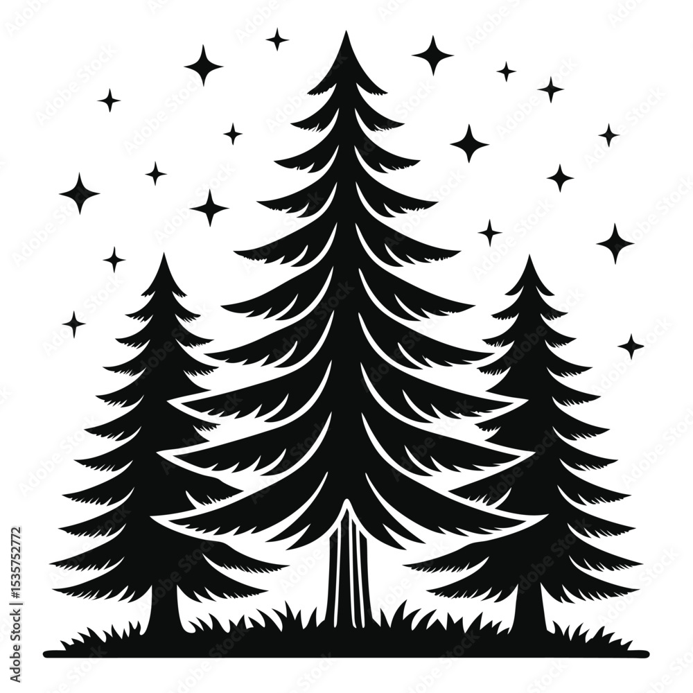 Obraz premium Stylized black forest scene featuring pine trees with starry night sky isolated on white