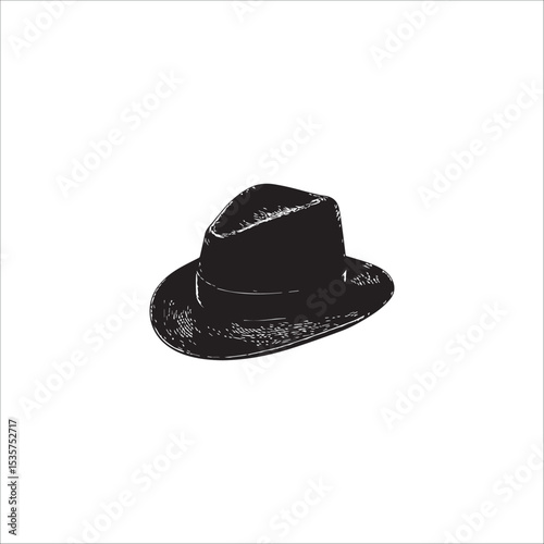 a cowboy hat with a straight brim, with one indentation in the center, with a ribbon neatly fixed