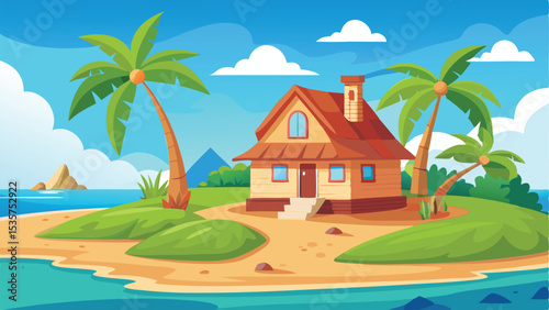 Cartoon Beach House on Tropical Island with Palm Trees and Blue Sea