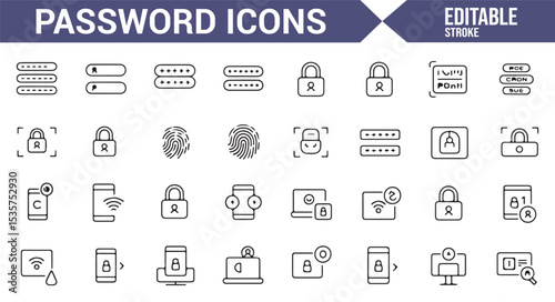 Set of security and password icons including login, encryption, and access control.