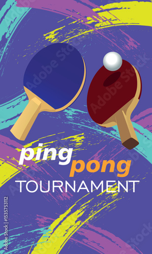 Ping pong tournament poster, flat illustration tennis rackets, ball. Brush stroke texture background, table tennis competition, sport, active recreation