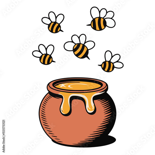 Brown honey pot with gold bee vector illustration isolated on white