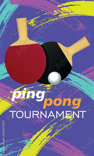 Ping pong paddles and ball, abstract bright brush stroke background, flat design. Table tennis tournament poster, racket sports competition design