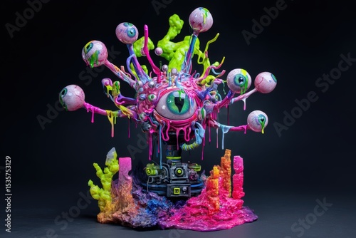 Colorful surreal sculpture of an eye creature on a dark background with a vibrant mystical aura