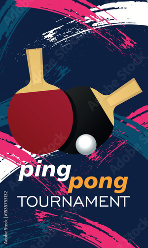 Two ping pong rackets, ball, flat style banner, champions tournament. Background abstract texture color brush strokes, sports competitions, hobby, table tennis sports school