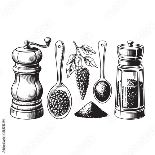 White isolated salt and pepper shakers with spices for seasoning food on a kitchen table