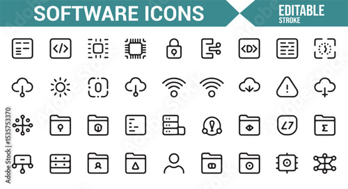 Set of icons for file management, online services, and cloud applications in vector format.