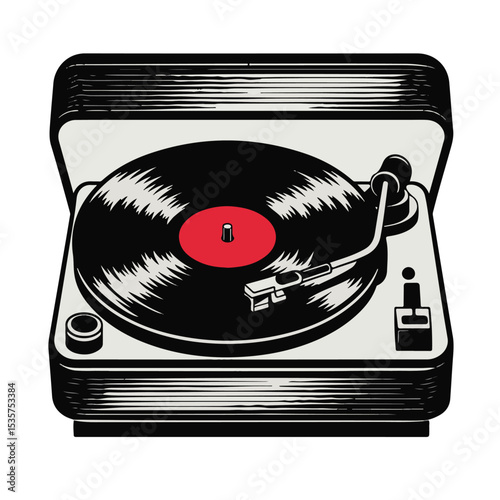 Turntable equipment for an old vinyl record player with a black vinyl disc, isolated on white for analog music sound