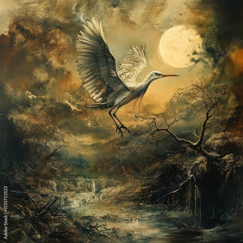 A bird flying over a river with a full moon in the background